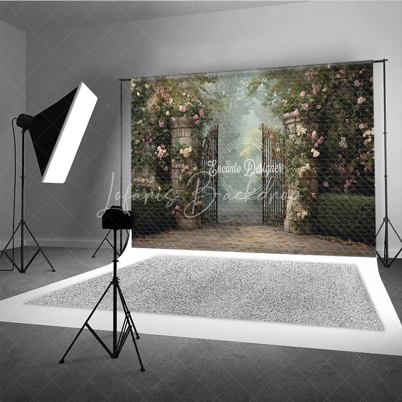 Lofaris Enchanted Garden Gate Backdrop Cobblestone Path with Iron Pink Rose Floral Photography Background Prop