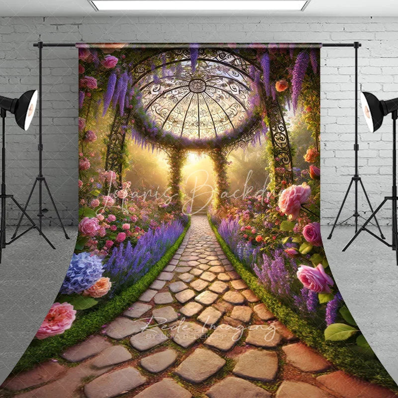 Lofaris Enchanted Garden Gazebo Backdrop Rose and Lavender Path with Sunlit Stone Romantic Summer Photography