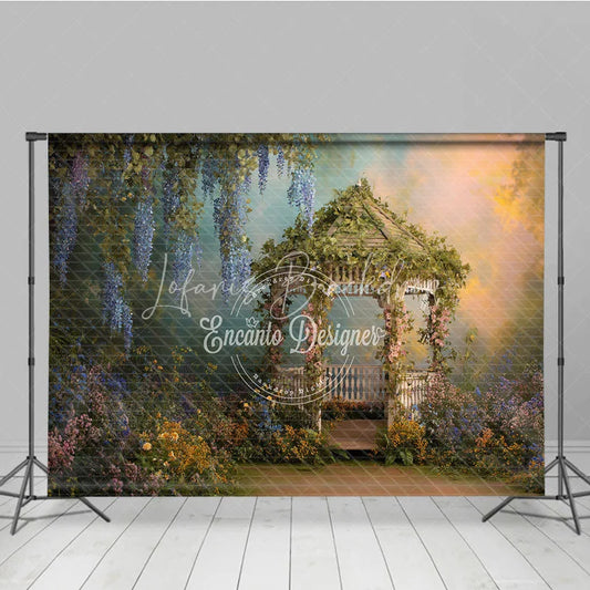 Lofaris Enchanted Garden Gazebo Photography Backdrop with Lush Wisteria and Colorful Spring Flowers Romantic Fairytale Scene
