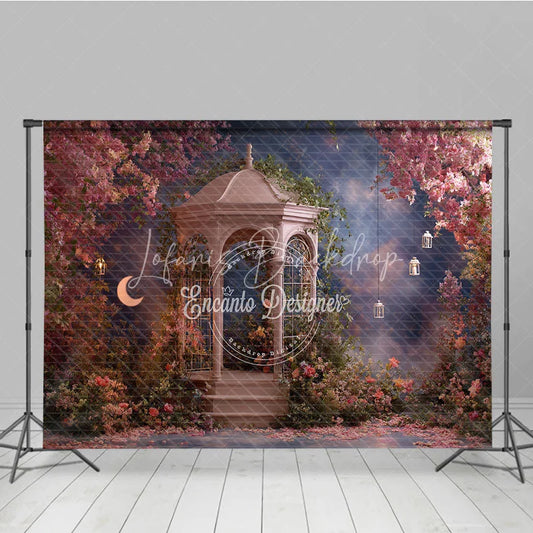 Lofaris Enchanted Garden Gazebo Photography Backdrop with Pink Flowers Crescent Moon and Lanterns Romantic Fairy Tale