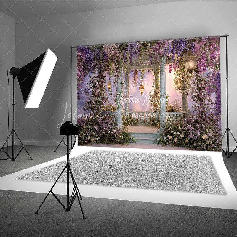 Lofaris Enchanted Garden Gazebo Photography Backdrop with Wisteria and Pink Flowers Dreamy Pastel Sky