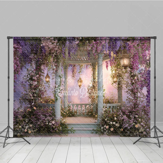 Lofaris Enchanted Garden Gazebo Photography Backdrop with Wisteria and Pink Flowers Dreamy Pastel Sky