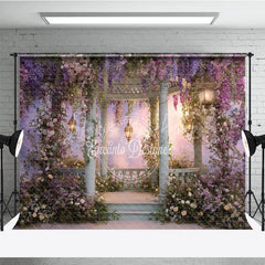 Lofaris Enchanted Garden Gazebo Photography Backdrop with Wisteria and Pink Flowers Dreamy Pastel Sky