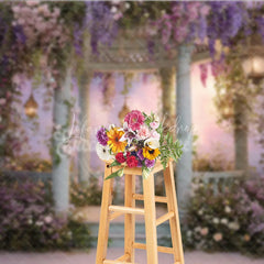 Lofaris Enchanted Garden Gazebo Photography Backdrop with Wisteria and Pink Flowers Dreamy Pastel Sky