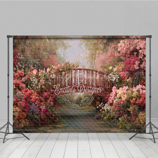 Lofaris Enchanted Garden Photography Backdrop Rustic Wooden Bridge Blooming Flowers Romantic Floral Scenery