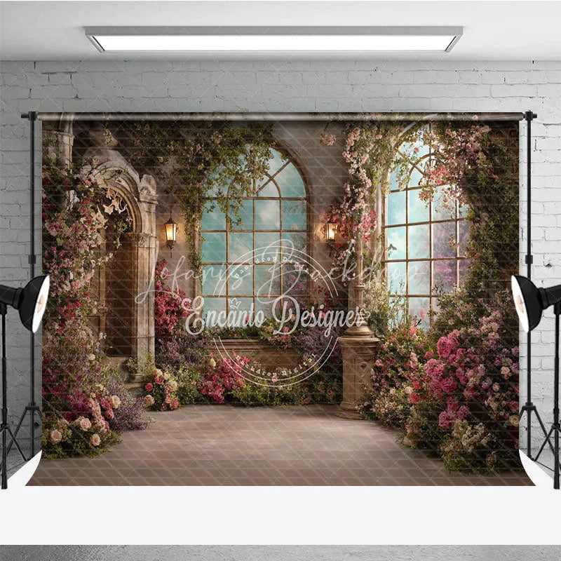 Lofaris Enchanted Garden Photography Backdrop with Arched Windows Blooming Pink Flowers Green Vines Elegant Stone Architecture