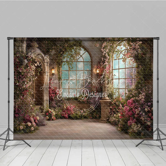 Lofaris Enchanted Garden Photography Backdrop with Arched Windows Blooming Pink Flowers Green Vines Elegant Stone Architecture