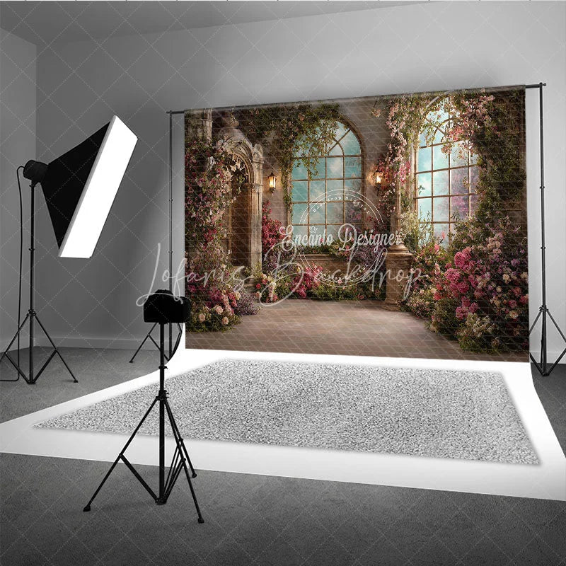 Lofaris Enchanted Garden Photography Backdrop with Arched Windows Blooming Pink Flowers Green Vines Elegant Stone Architecture