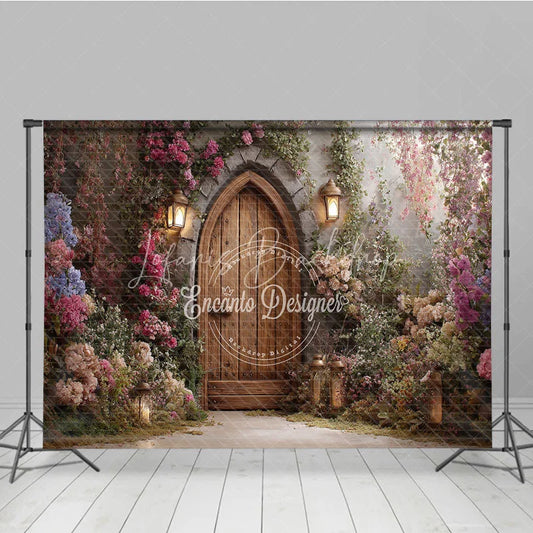Lofaris Enchanted Garden Photography Backdrop with Arched Wooden Door Lush Flowers and Lanterns for Fairy Tale Theme