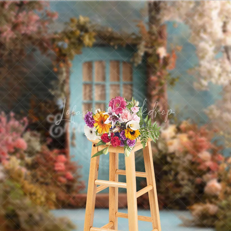Lofaris Enchanted Garden Photography Backdrop with Light Blue Door and Pink White Flowers Spring Fairy Tale Theme