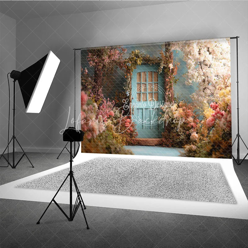 Lofaris Enchanted Garden Photography Backdrop with Light Blue Door and Pink White Flowers Spring Fairy Tale Theme