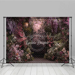 Lofaris Enchanted Garden Photography Backdrop with Ornate Iron Gate Blooming Pink Purple Flowers and Vintage Lantern