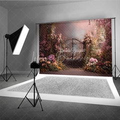 Lofaris Enchanted Garden Photography Backdrop with Ornate Iron Gate Pink Flowers and Lush Greenery for Romantic Portraits
