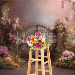 Lofaris Enchanted Garden Photography Backdrop with Ornate Iron Gate Pink Flowers and Lush Greenery for Romantic Portraits