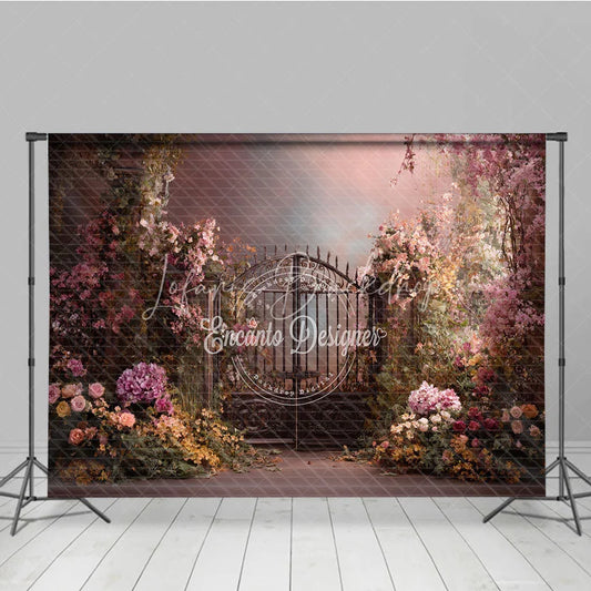 Lofaris Enchanted Garden Photography Backdrop with Ornate Iron Gate Pink Flowers and Lush Greenery for Romantic Portraits