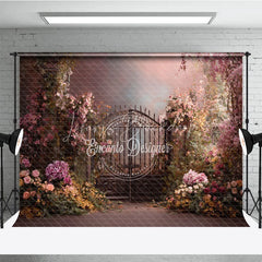 Lofaris Enchanted Garden Photography Backdrop with Ornate Iron Gate Pink Flowers and Lush Greenery for Romantic Portraits