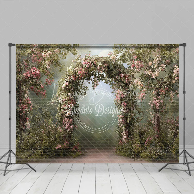 Lofaris Enchanted Garden Photography Backdrop with Pink Roses and Floral Arch Romantic Wedding Baby Shower Decor