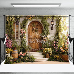 Lofaris Enchanted Garden Photography Backdrop with Rustic Wooden Door Lush Greenery and Colorful Flowers for Spring Portraits