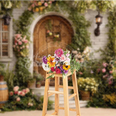 Lofaris Enchanted Garden Photography Backdrop with Rustic Wooden Door Lush Greenery and Colorful Flowers for Spring Portraits