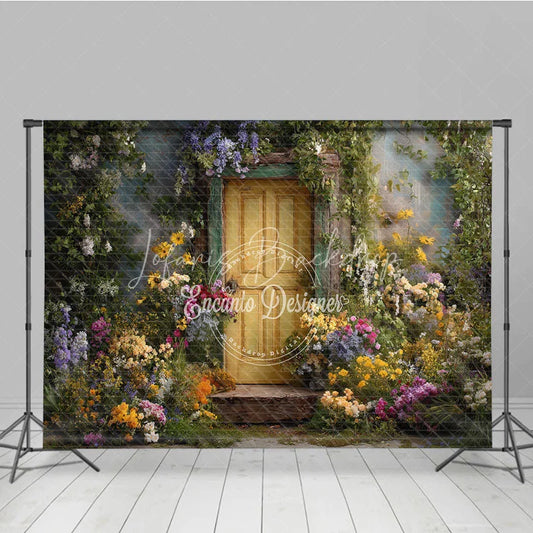 Lofaris Enchanted Garden Photography Backdrop with Rustic Yellow Wooden Door Colorful Floral Vines for Spring Portraits