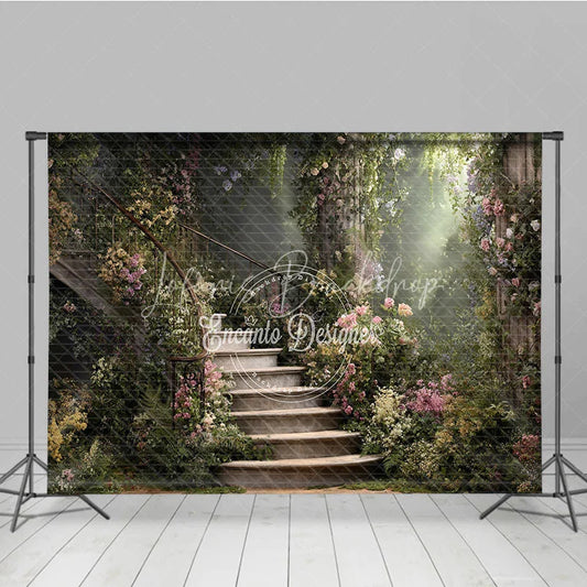 Lofaris Enchanted Garden Photography Backdrop with Winding Stone Staircase Lush Flowers and Magical Sunlight