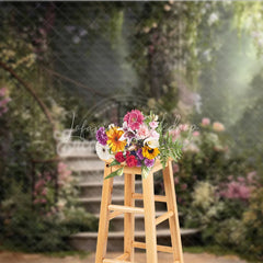 Lofaris Enchanted Garden Photography Backdrop with Winding Stone Staircase Lush Flowers and Magical Sunlight