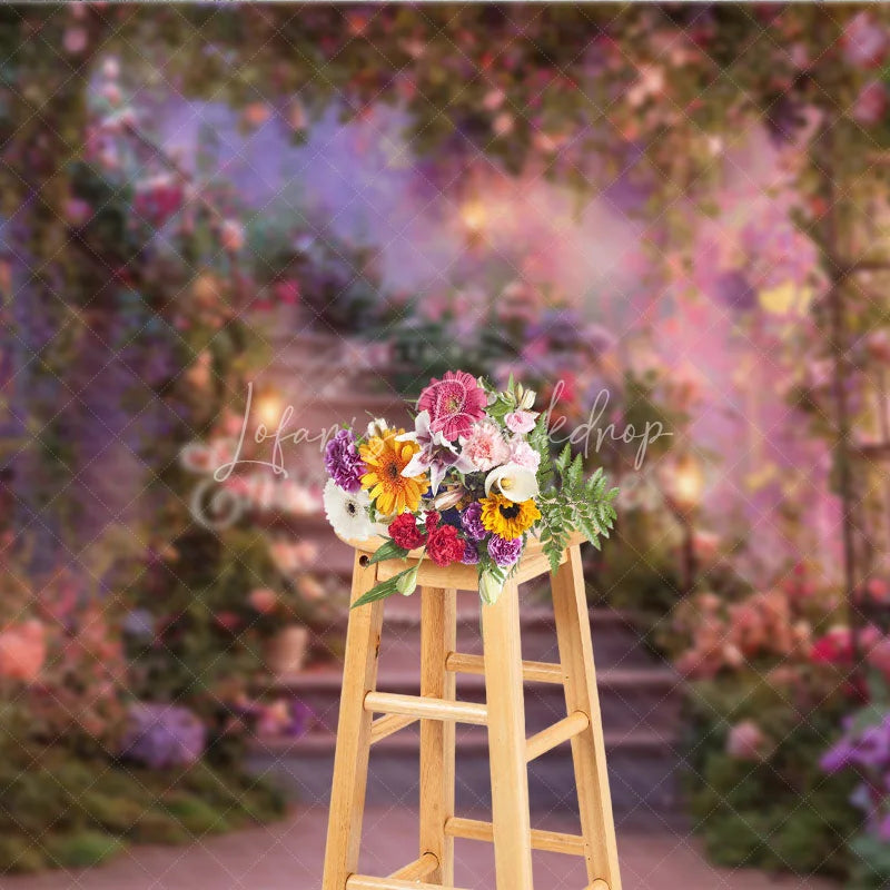 Lofaris Enchanted Garden Staircase Photography Backdrop Magical Floral Archway with Pink and Purple Flowers