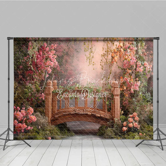 Lofaris Enchanted Garden Wooden Bridge with Pink Flowers Photography Backdrop Spring Fairy Tale Photo Studio Prop