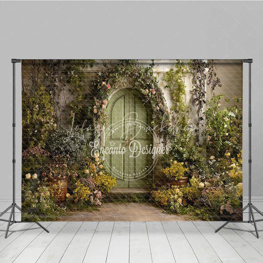 Lofaris Enchanted Green Arched Door Photography Backdrop Lush Floral Vines and Weathered Stone Wall Garden Theme