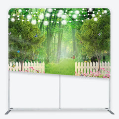 Lofaris Enchanted Green Forest Garden Square Double-Sided Backdrop with White Picket Fence Pink Flowers and String Lights