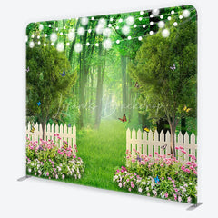 Lofaris Enchanted Green Forest Garden Square Double-Sided Backdrop with White Picket Fence Pink Flowers and String Lights