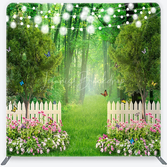 Lofaris Enchanted Green Forest Garden Square Double-Sided Backdrop with White Picket Fence Pink Flowers and String Lights