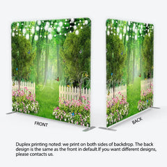 Lofaris Enchanted Green Forest Garden Square Double-Sided Backdrop with White Picket Fence Pink Flowers and String Lights