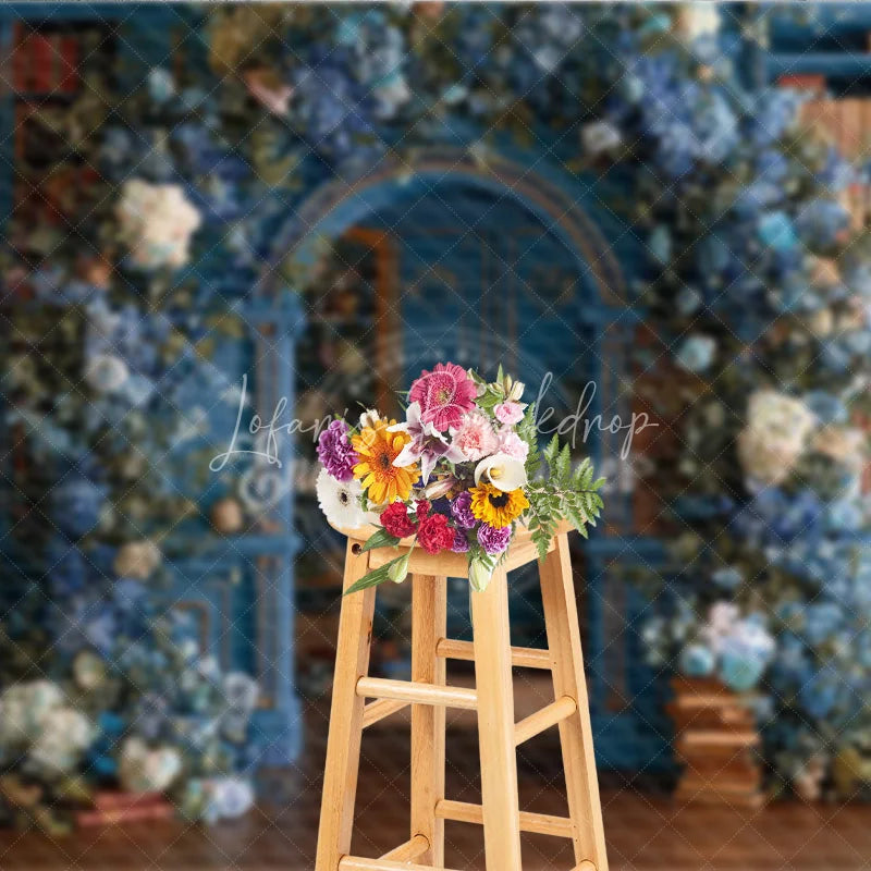 Lofaris Enchanted Library Photography Backdrop Blue Bookshelves with Floral Arch Fairytale Fine Art Photo Background