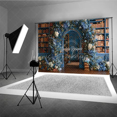 Lofaris Enchanted Library Photography Backdrop Blue Bookshelves with Floral Arch Fairytale Fine Art Photo Background