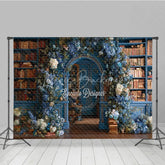 Lofaris Enchanted Library Photography Backdrop Blue Bookshelves with Floral Arch Fairytale Fine Art Photo Background