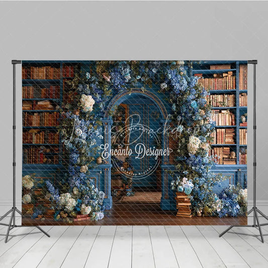 Lofaris Enchanted Library Photography Backdrop Blue Bookshelves with Floral Arch Fairytale Fine Art Photo Background