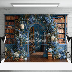Lofaris Enchanted Library Photography Backdrop Blue Bookshelves with Floral Arch Fairytale Fine Art Photo Background