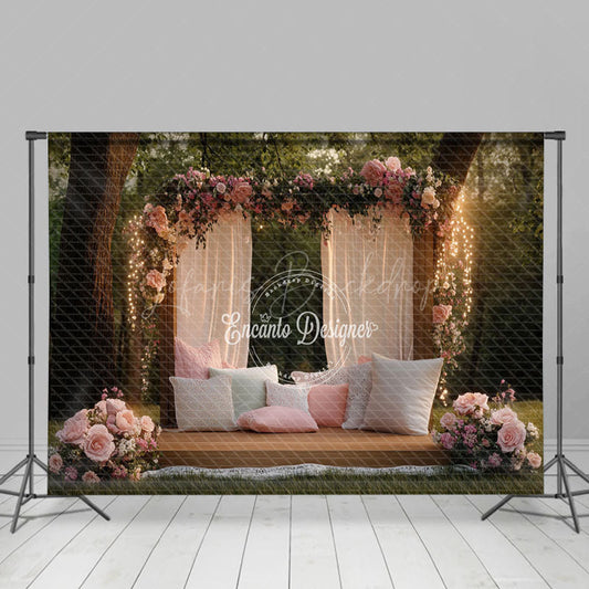 Lofaris Enchanted Pink Curtain Forest Spring Photography Backdrope