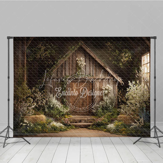 Lofaris Enchanted Rustic Wooden Barn Photography Backdrop with Spring Flowers and Greenery Farmhouse Style Portrait Background