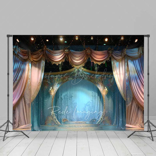 Lofaris Enchanted Theater Stage Photography Backdrop Fairytale Scenery with Blue and Gold Curtains Magical Show Photo Prop