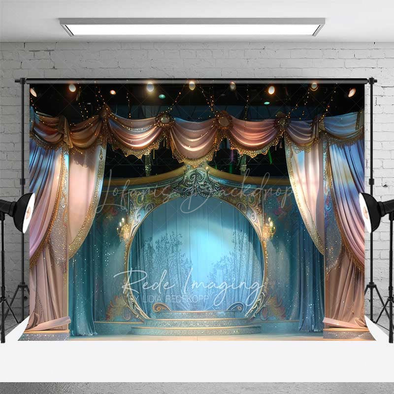 Lofaris Enchanted Theater Stage Photography Backdrop Fairytale Scenery with Blue and Gold Curtains Magical Show Photo Prop