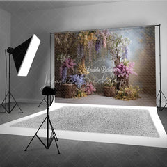 Lofaris Enchanted Wisteria Photography Backdrop Rustic Wood Stumps with Spring Flowers Fine Art Painterly Background