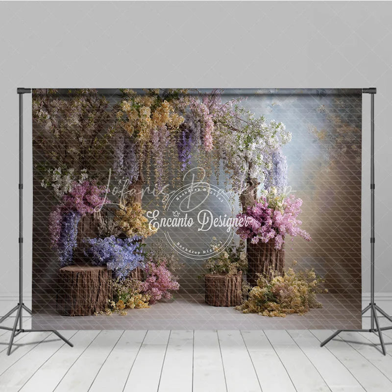 Lofaris Enchanted Wisteria Photography Backdrop Rustic Wood Stumps with Spring Flowers Fine Art Painterly Background