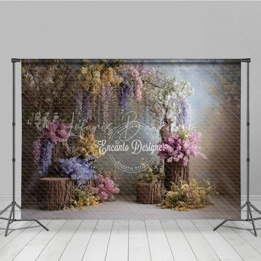 Lofaris Enchanted Wisteria Photography Backdrop Rustic Wood Stumps with Spring Flowers Fine Art Painterly Background