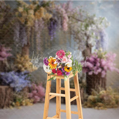Lofaris Enchanted Wisteria Photography Backdrop Rustic Wood Stumps with Spring Flowers Fine Art Painterly Background