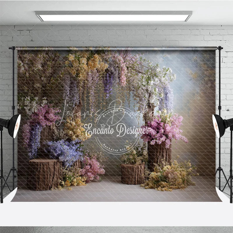 Lofaris Enchanted Wisteria Photography Backdrop Rustic Wood Stumps with Spring Flowers Fine Art Painterly Background
