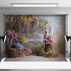 Lofaris Enchanted Wisteria Photography Backdrop Rustic Wood Stumps with Spring Flowers Fine Art Painterly Background