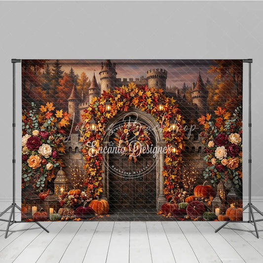 Lofaris Enchanting Autumn Castle Archway Photography Backdrop with Fall Leaves Pumpkins and Lanterns Decor