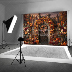 Lofaris Enchanting Autumn Castle Archway Photography Backdrop with Fall Leaves Pumpkins and Lanterns Decor